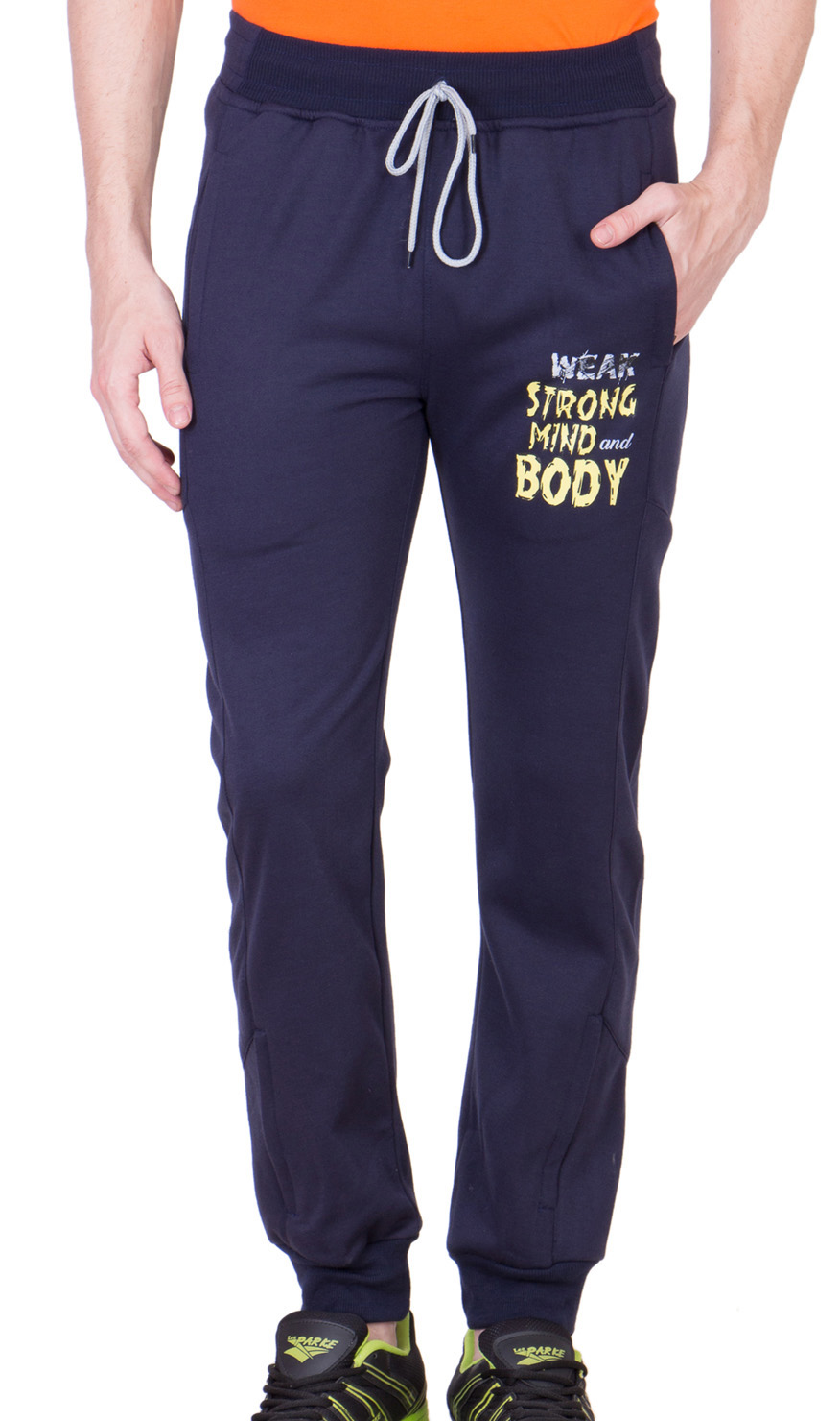 navy blue track pants with red stripe